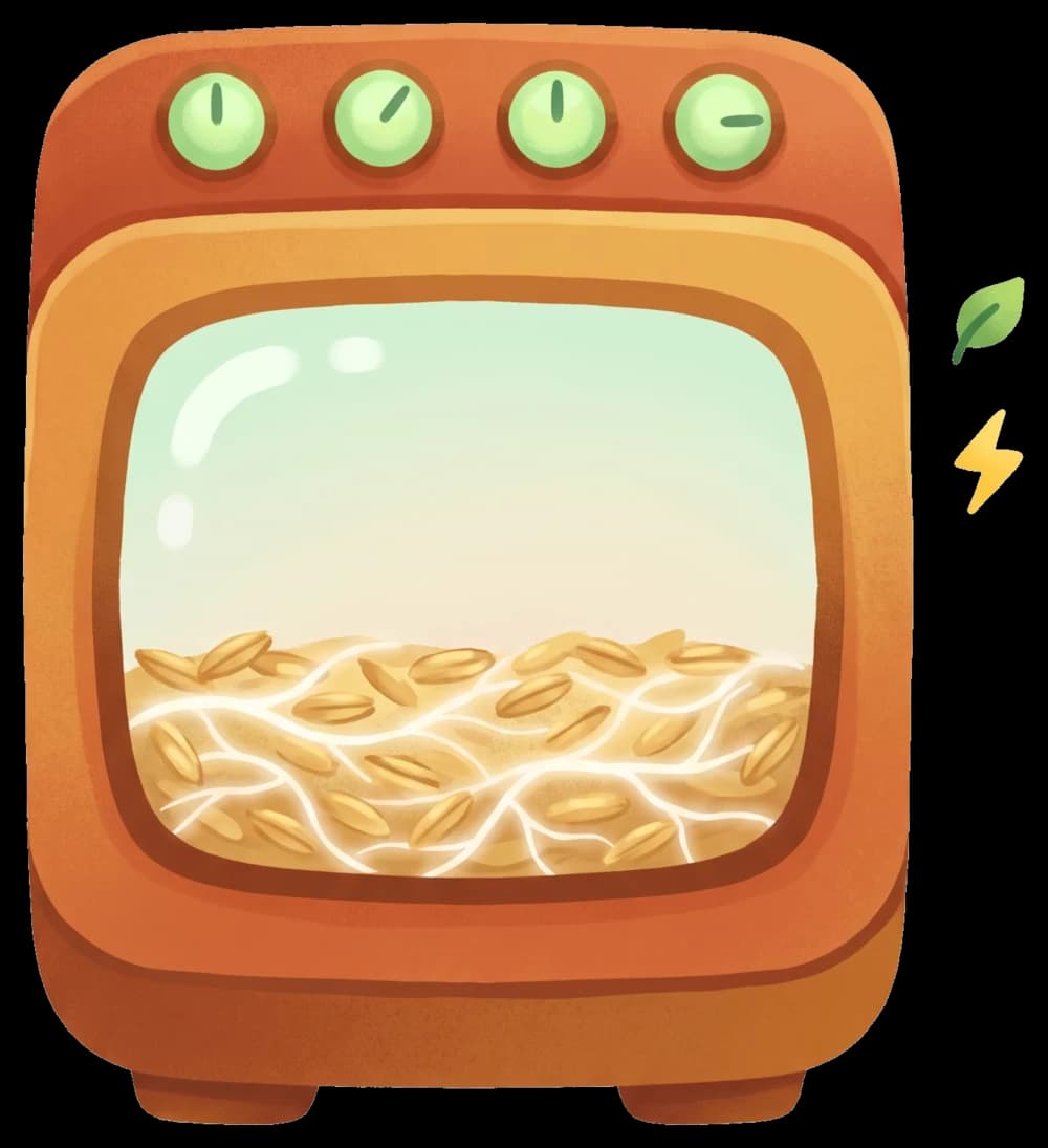 Illustration of Millow's S-Unit dry-state fermentation chamber, where mycelium grows through a bed of oats